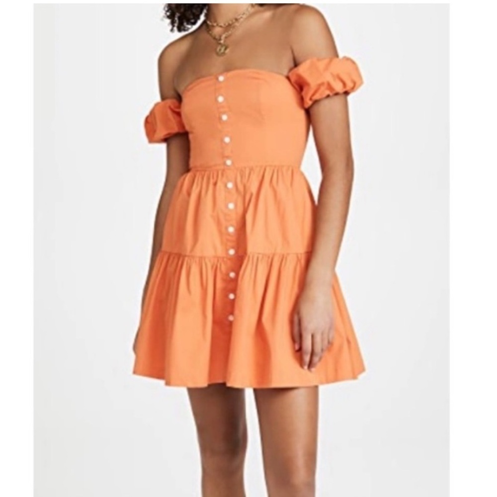 STAUD Elio Off Shoulder Button Front
Tiered Mini Dress in Nectarine Orange Sz
8